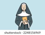 Smiling nun in traditional robe holding bible and rosary in hands. Happy religious sister with beds. Faith and religion. Vector illustration. 