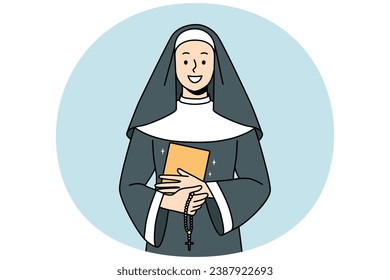 Smiling nun in traditional robe holding bible and rosary in hands. Happy religious sister with beds. Faith and religion. Vector illustration.