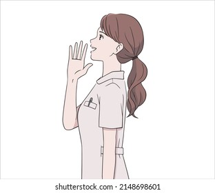 A smiling nurse calling with her hand on her mouth