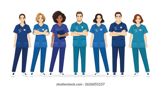 Enfermeira sorridente ou grupo de médicos de pé juntos em toda a extensão. Ilustração isolada de vetor