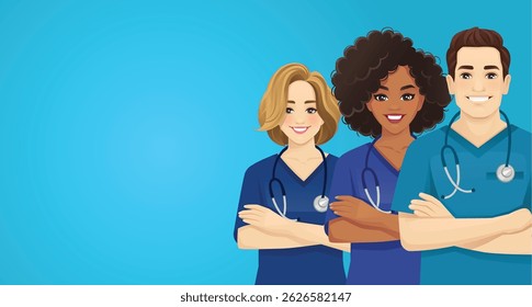 Smiling nurse or doctor team group with copy space. Vector illustration on blue background