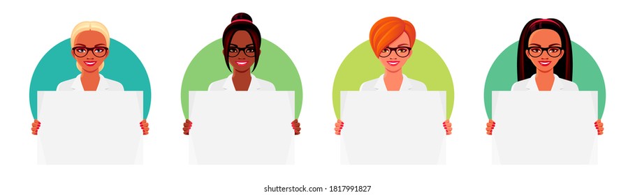 Smiling nurse or doctor wearing white medical uniforms and eyeglasses, holding empty posters. Set of African American and European women. Vector isolated illustrations.