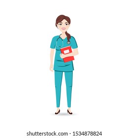 Smiling nurse holding a red folder with personal data of the patient.