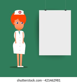 Smiling nurse on presentation. Nurse and board giving medical or science lecture. 