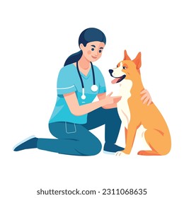 Smiling nurse sitting with purebred dog patient icon isolated