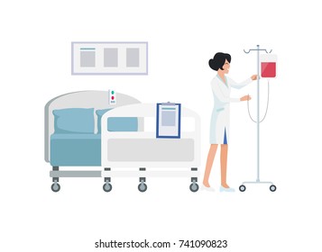 Smiling nurse in uniform preparing room for patient, standing near drop-bottle with blood, represented on vector illustration isolated on white