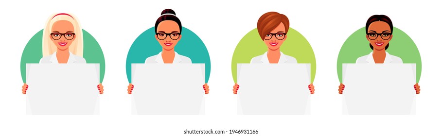 Smiling nurses or doctors wearing white medical uniforms and eyeglasses, holding empty posters. Asian, Indian and European women. Set of vector colorful illustrations templates for ads