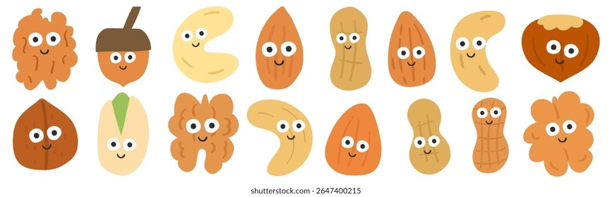 Nozes sorridentes. Personagens engraçados bonitos. Amendoim, noz, avelã, amêndoa, caju. Design desenhado à mão plana. Ilustração vetorial sobre fundo branco.