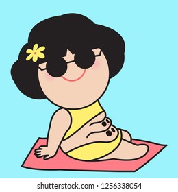 Smiling Obese Young Girl Laying On Beach With Her Belly Fat That Wearing Sunglasses Just Like Herself Concept Card Character illustration