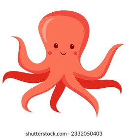 Smiling octopus.Sea creatures .Sea life.Cute octopus cartoon.Aquatic fauna. Animal illustration for zoo ad.Children book illustrating.Sea mollusk.Isolated on white background.Vector flat illustration.