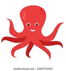 Smiling octopus.Sea creatures .Sea life.Cute octopus cartoon.Aquatic fauna. Animal illustration for zoo ad.Children book illustrating.Sea mollusk.Isolated on white background.Vector flat illustration.