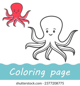 Smiling octopus.Sea creatures .Sea life.Cute octopus cartoon.Aquatic fauna. Animal illustration for zoo ad.Children book illustrating.Sea mollusk.Coloring book for children.