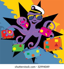 Smiling octopus with his sunglasses and a captain hat, holding suitcases.