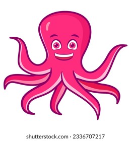 Smiling octopus mascot. Cute happy character.Animal kawaii.Cartoon octopus. Funny ocean animal.Aquatic fauna. Animal icon for zoo ad.Children book illustrating.Sea mollusk.