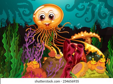 Smiling octopus in the middle of corals