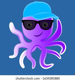 Smiling octopus in sunglasses and cap isolated by blue background.