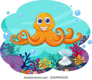 Smiling octopus surrounded by colorful underwater life