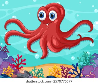 Smiling octopus surrounded by colorful underwater coral scenery