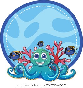 Smiling octopus surrounded by colorful fish and coral