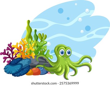 Smiling octopus surrounded by colorful underwater scenery