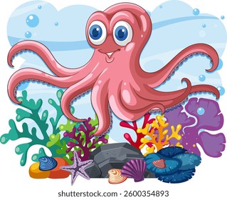 Smiling octopus surrounded by colorful sea life