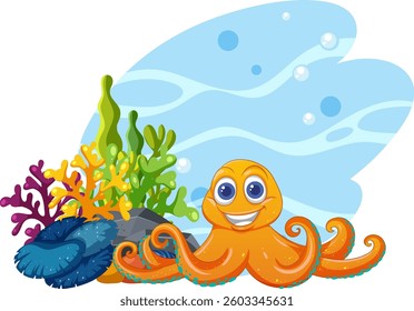 Smiling octopus surrounded by colorful underwater plants
