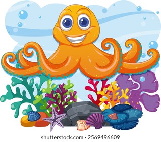 Smiling octopus surrounded by vibrant underwater life