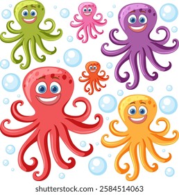 Smiling octopuses surrounded by bubbles in the sea