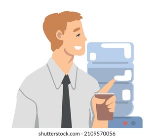 Smiling Office Employee with Coffee Cup at Lunch Time Having Day Routine Vector Illustration