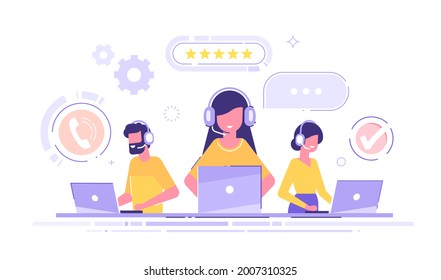 Smiling office operators with headsets characters. Customer service, hotline operators, technical  global support, customer support department staff. Modern vector illustration.