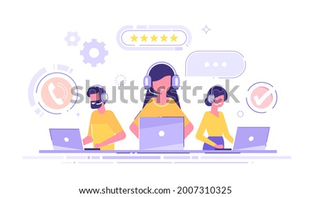 Smiling office operators with headsets characters. Customer service, hotline operators, technical  global support, customer support department staff. Modern vector illustration. Foto d'archivio © 