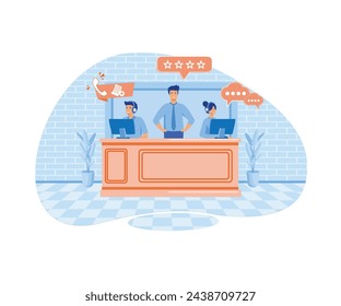 Smiling office operators with headsets. Customer service, hotline operators, technical global support, customer support department staff. flat vector modern illustration 