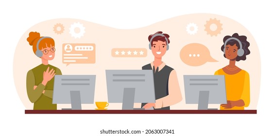 Smiling office operators. Support concept, hotline, calls. Man and girl answer customer questions. Group of employees in headphones at computers, modern technology. Cartoon flat vector illustration