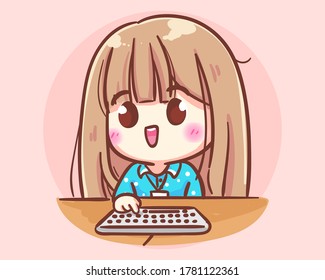 Smiling Office Women Worker. Office cute girl cartoon art illustration Premium Vector