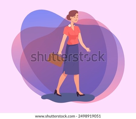 Smiling office worker with briefcase. Female cartoon character in formal wear going to work flat vector illustration. Business, work, office manager concept for banner