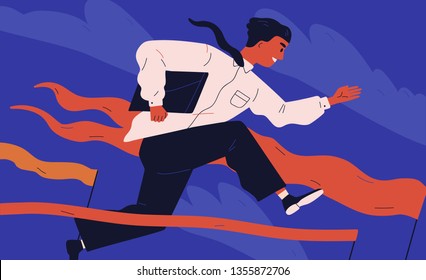 Smiling office worker or clerk jumping over barrier. Concept of person overcoming obstacles, withstanding adverse conditions and winning professional competition. Modern flat vector illustration.