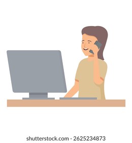 Trabalhador de escritório sorridente está executando várias tarefas ao mesmo tempo, falando ao telefone enquanto trabalha no computador