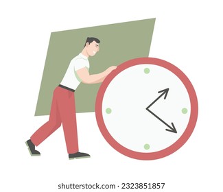 Smiling office worker rolls clock. People manage time abstract concept. Strong characters control own lives with discipline, work on themselves and achieve success. Flat vector