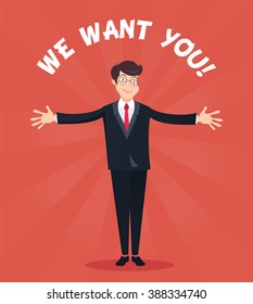 Smiling office worker standing full length with his arms stretched out giving a big hug. We want you concept, hr