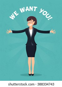 Smiling office worker standing full length with her arms stretched out giving a big hug. We want you concept, hr