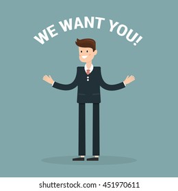 Smiling office worker standing full length with his arms stretched out giving a big hug. We want you concept