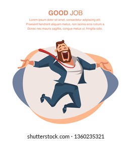 Smiling Office Worker in Suit Jump with Open Hand. Happy Businessman or Boss Express Emotion, Love his Job. Male Coworker Character Full of Enthusiasm. Cartoon Flat Vector Illustration