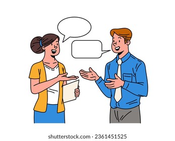 Smiling office workers couple talking, customer consultation, marketing business concept, clipart