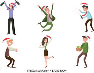 Smiling office workers in traditional red hats during Christmas or New Year party