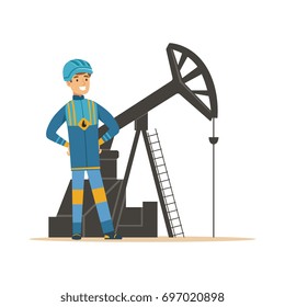 Smiling oilman standing next to an oil rig drilling platform, oil industry extraction and refinery production vector Illustration