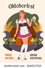  Smiling Oktoberfest girl in national German traditional clothes with a glass of beer against the background of beer barrels, barley and hops. Oktoberfest Festival poster. Flat vector illustration