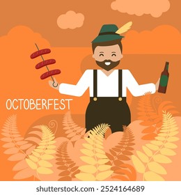 Smiling Oktoberfest Man in Traditional Dress With Beer and Sausages, Beer Fest vector illustration