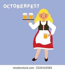 Sonriente camarera del Oktoberfest en vestido tradicional que sirve la cerveza