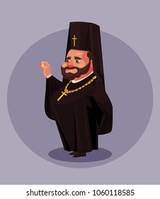 Smiling old beard orthodoxy priest pastor pope bishop dressed in black dress uniform suit. Religion concept. Vector flat cartoon isolated illustration 