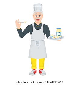 The smiling old chef holds in his hand a spoonful of mayonnaise and a silver dish with a jar of mayonnaise. Vector cartoon illustration isolated on a white background.